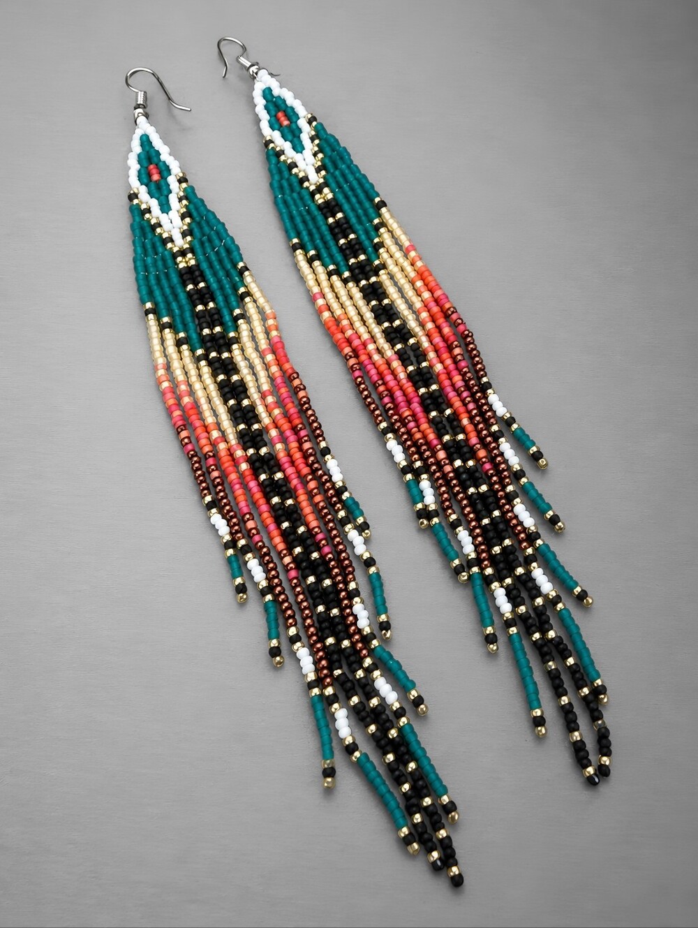 Retro Luxe Boho Fringe Seed Bead Long Earrings Southwestern Beaded Jewelry - Picture 3 of 6